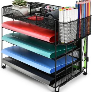 5 Tier Paper Organizer for Desk, Mesh Desk File Organizer with Sliding Drawer, Magazine Holder and 2 Pen Holders, Paper Letter Tray Organizer Office Supplies for Office Classroom Home Workspace, Black