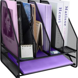 Mesh Desk Organizer with Sliding Drawer,Paper Letter Tray with 4 Sections Bookshelf File Holder Organization,Metal Desktop Document Magazine Rack for Office Supplies