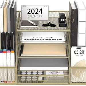 SUPEASY Mesh Desk Organizer with File Holder, 5-Tier Paper Letter Tray Organizer with Magazine Holder, Desktop Organizer and Storage with Drawer for Office Supplies Home or School, Golden Yellow