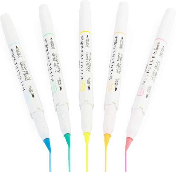 Zebra Mildliner Brush Highlighter Pen - Brush and Marker Nib - Double Ended - Fluorescent Set of 5 in Wallet