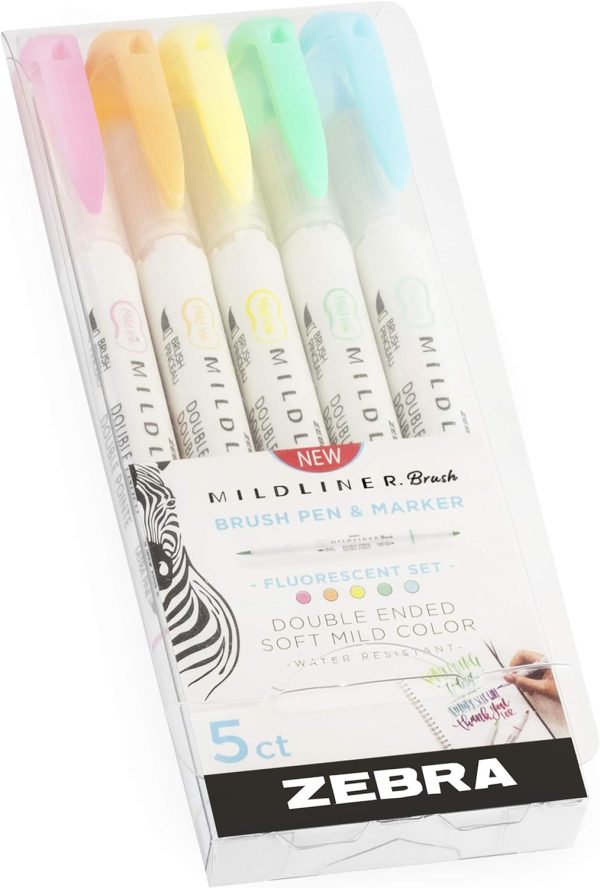Zebra Mildliner Brush Highlighter Pen - Brush and Marker Nib - Double Ended - Fluorescent Set of 5 in Wallet - Image 3