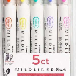 Zebra Pen Mildliner Double Ended Brush Pen, Assorted Refresh Ink Colors, 5-Pack, Multicolor (79405)